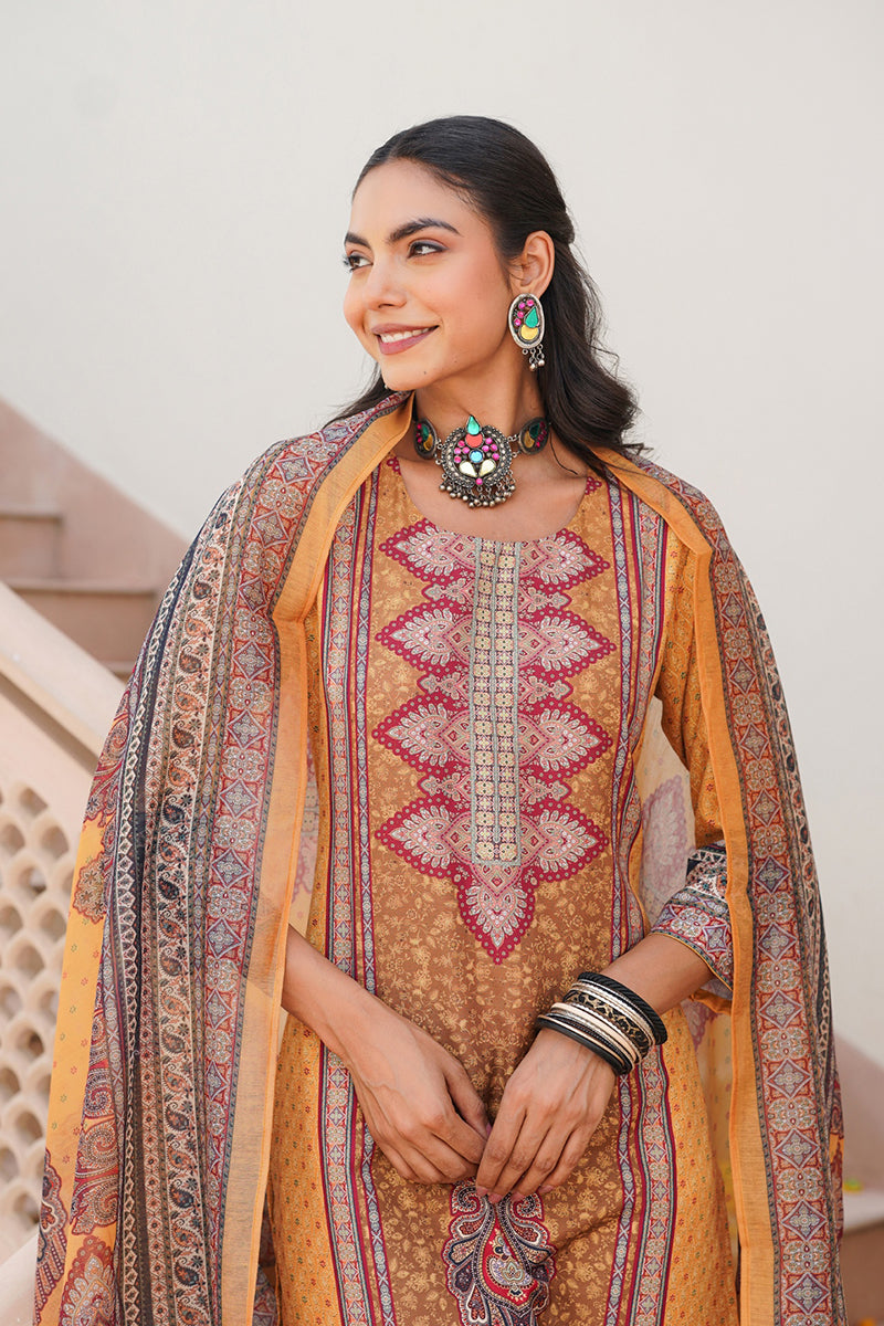 Yellow Rayon Blend Ethnic Motifs Printed Straight Kurta Trouser With Dupatta SKSKD3052