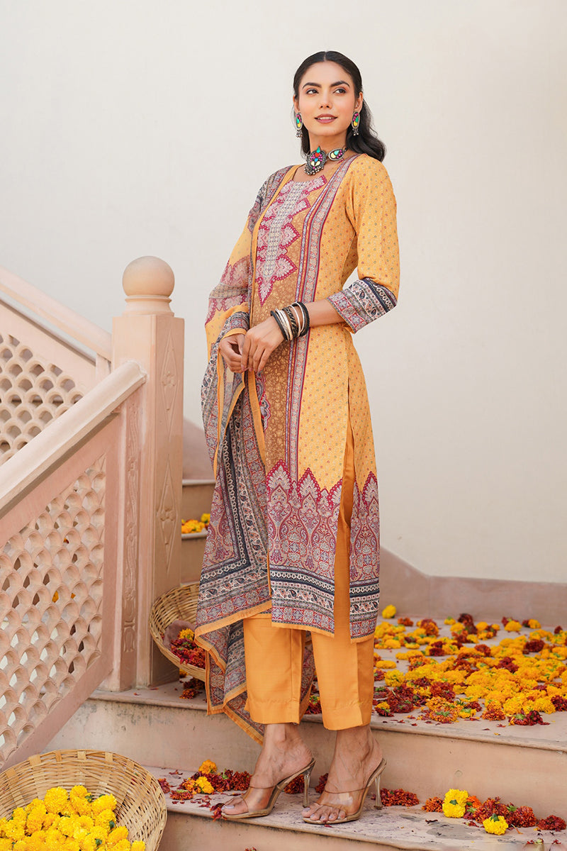 Yellow Rayon Blend Ethnic Motifs Printed Straight Kurta Trouser With Dupatta SKSKD3052