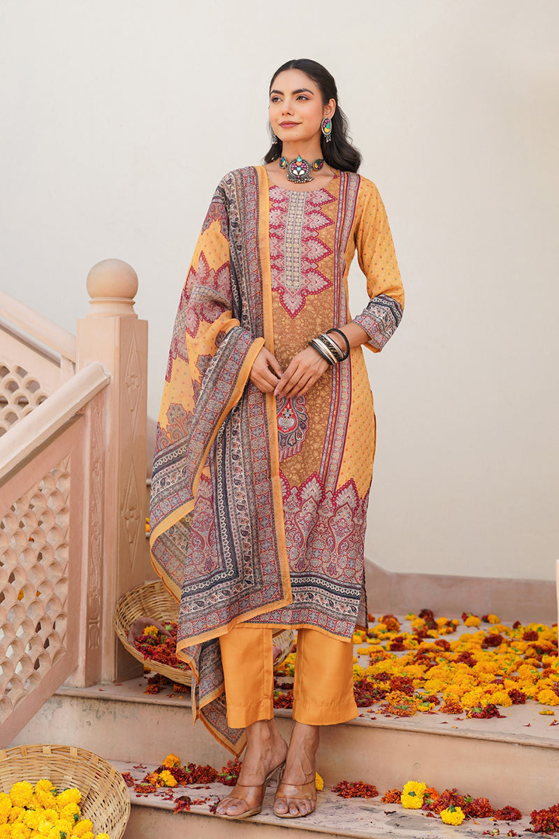 Yellow Rayon Blend Ethnic Motifs Printed Straight Kurta Trouser With Dupatta SKSKD3052