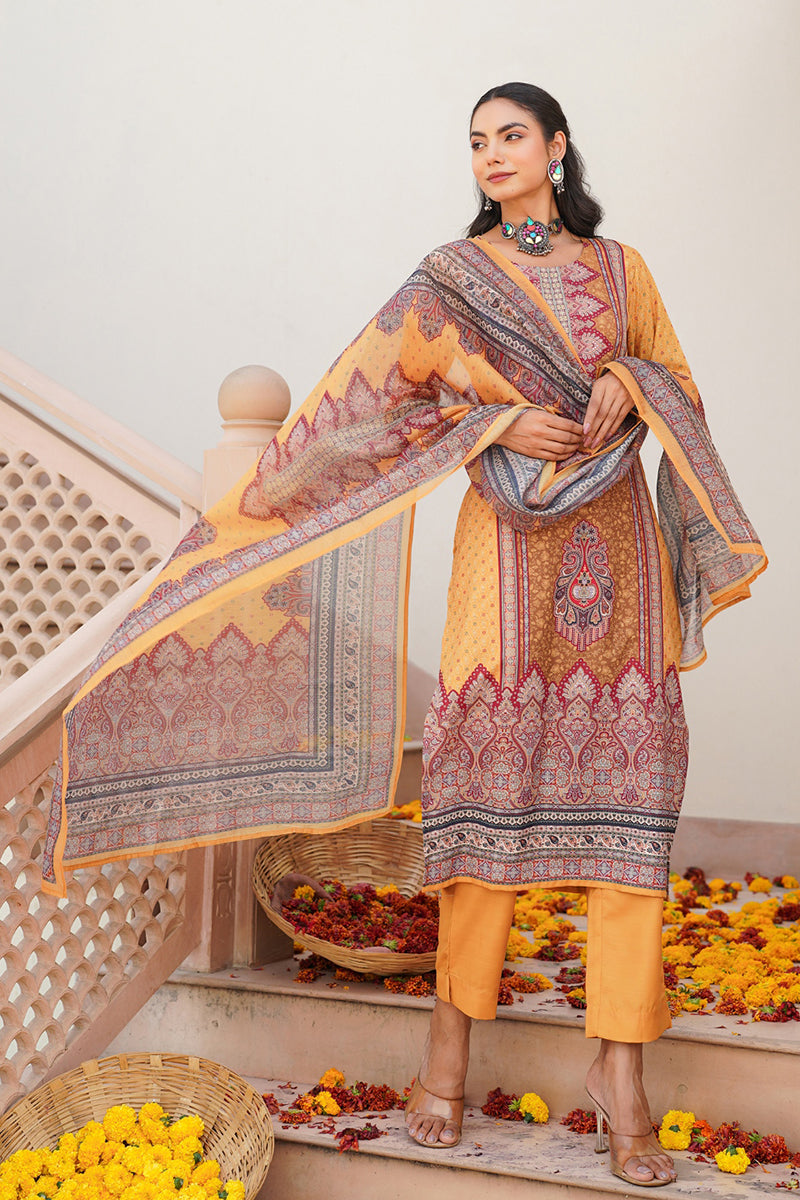 Yellow Rayon Blend Ethnic Motifs Printed Straight Kurta Trouser With Dupatta SKSKD3052