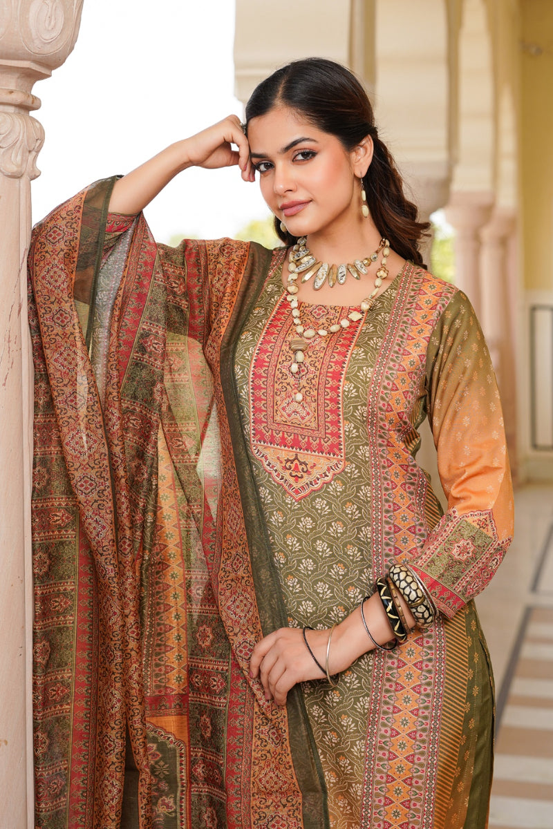 Olive Rayon Blend Ethnic Motifs Printed Straight Kurta Trouser With Dupatta SKSKD3058