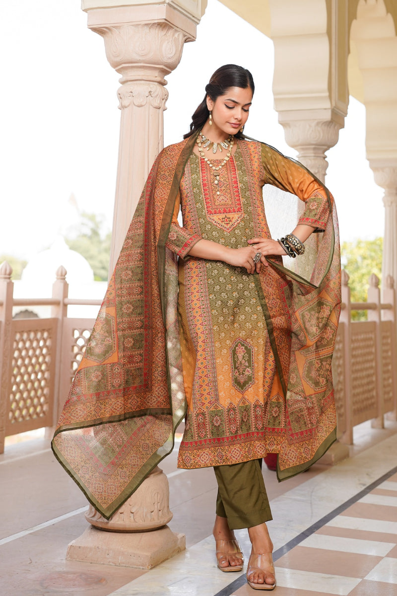Olive Rayon Blend Ethnic Motifs Printed Straight Kurta Trouser With Dupatta SKSKD3058