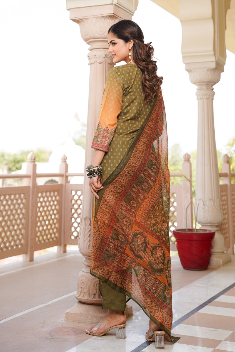 Olive Rayon Blend Ethnic Motifs Printed Straight Kurta Trouser With Dupatta SKSKD3058