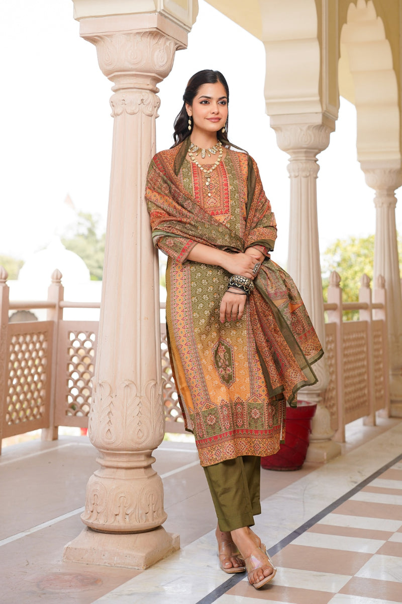 Olive Rayon Blend Ethnic Motifs Printed Straight Kurta Trouser With Dupatta SKSKD3058
