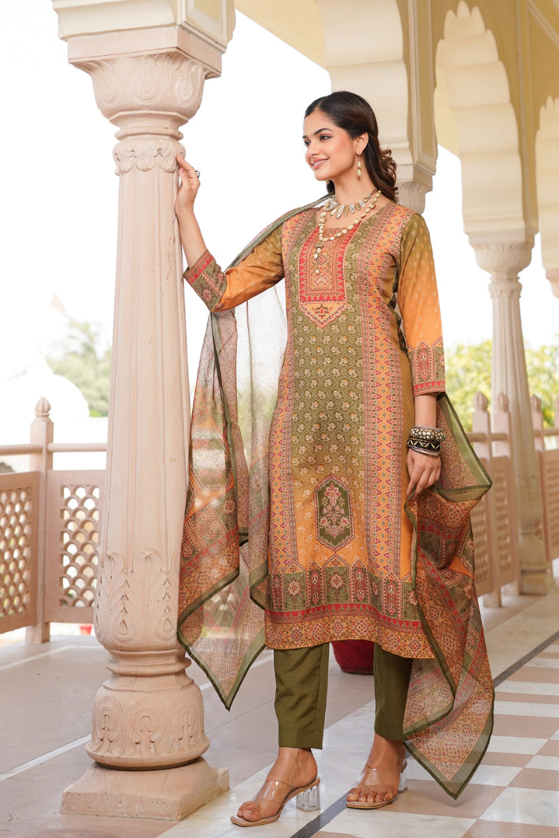 Olive Rayon Blend Ethnic Motifs Printed Straight Kurta Trouser With Dupatta SKSKD3058