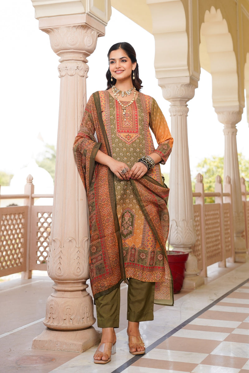 Olive Rayon Blend Ethnic Motifs Printed Straight Kurta Trouser With Dupatta SKSKD3058