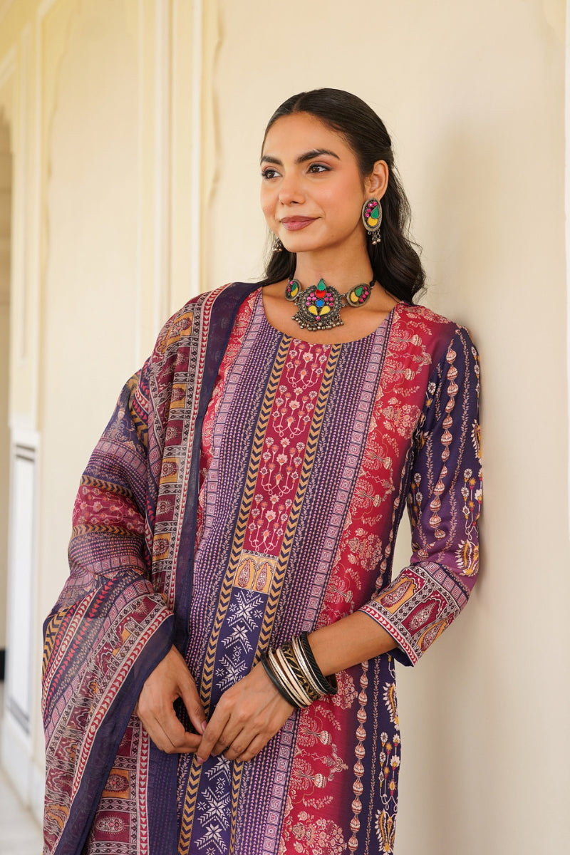 Purple Rayon Blend Ethnic Motifs Printed Straight Kurta Trouser With Dupatta SKSKD3059
