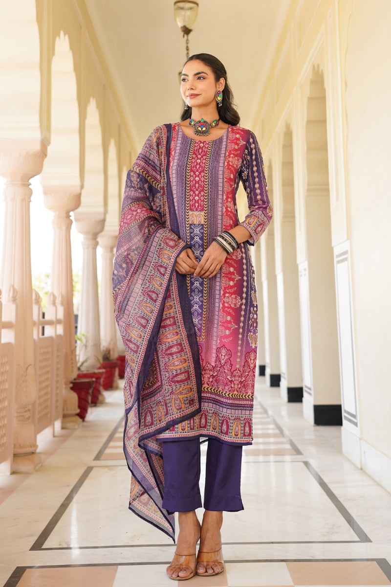 Purple Rayon Blend Ethnic Motifs Printed Straight Kurta Trouser With Dupatta SKSKD3059