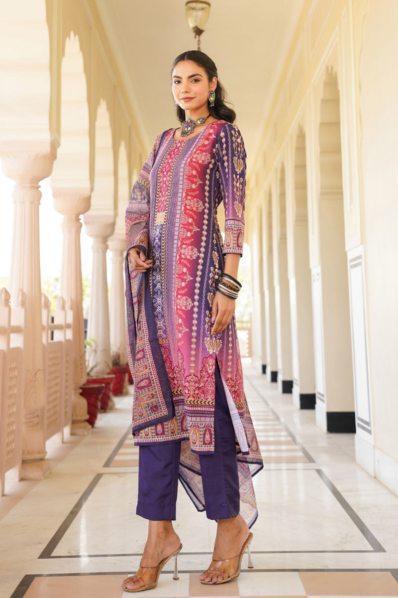 Purple Rayon Blend Ethnic Motifs Printed Straight Kurta Trouser With Dupatta SKSKD3059
