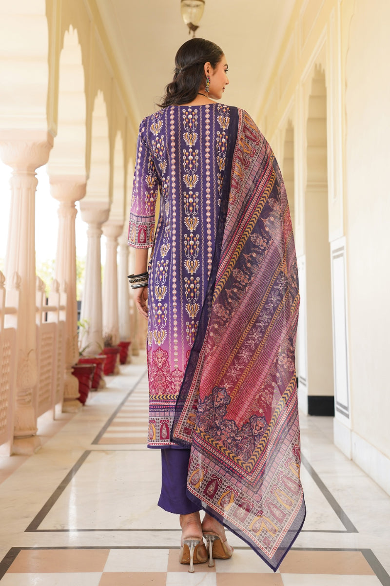 Purple Rayon Blend Ethnic Motifs Printed Straight Kurta Trouser With Dupatta SKSKD3059