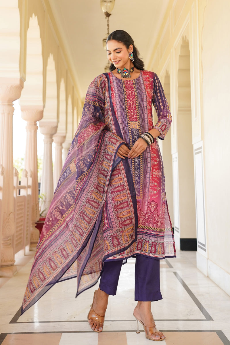 Purple Rayon Blend Ethnic Motifs Printed Straight Kurta Trouser With Dupatta SKSKD3059