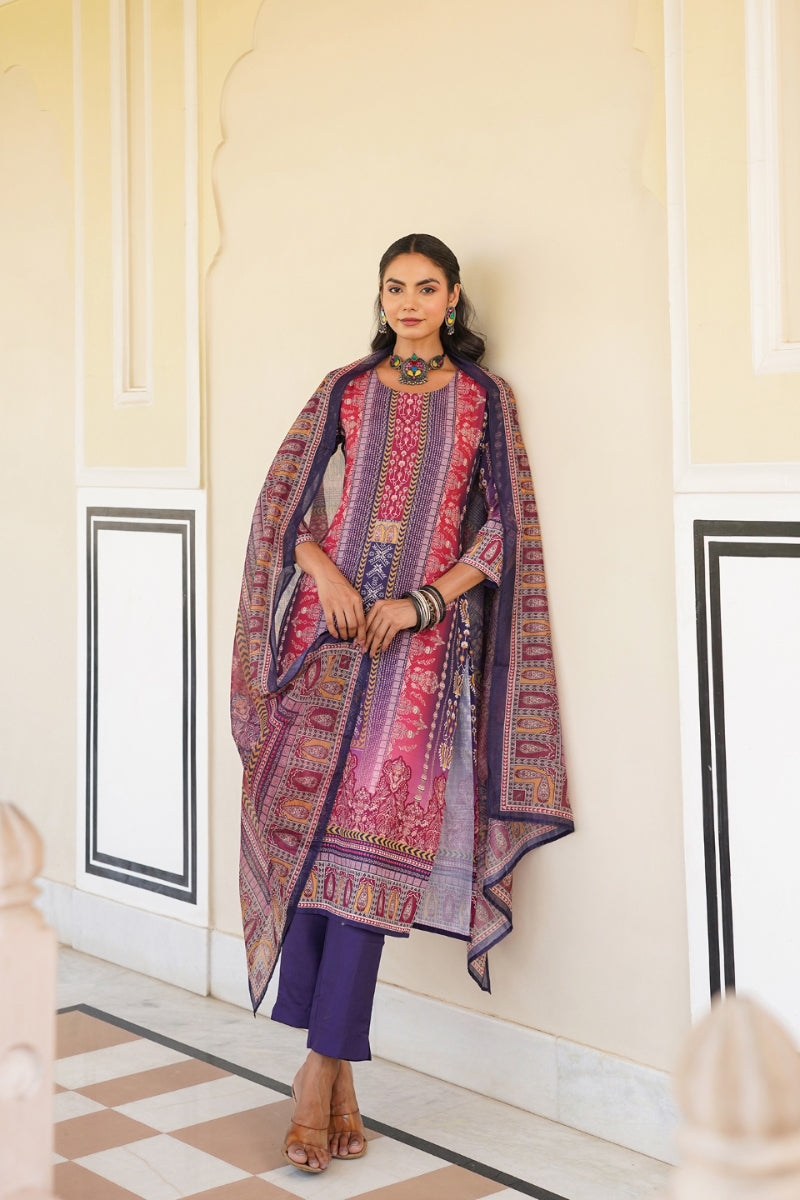 Purple Rayon Blend Ethnic Motifs Printed Straight Kurta Trouser With Dupatta SKSKD3059
