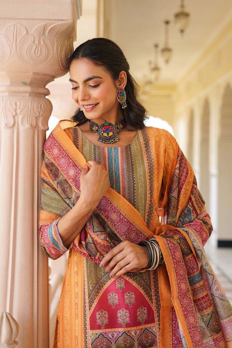 Yellow Rayon Blend Ethnic Motifs Printed Straight Kurta Trouser With Dupatta SKSKD3061