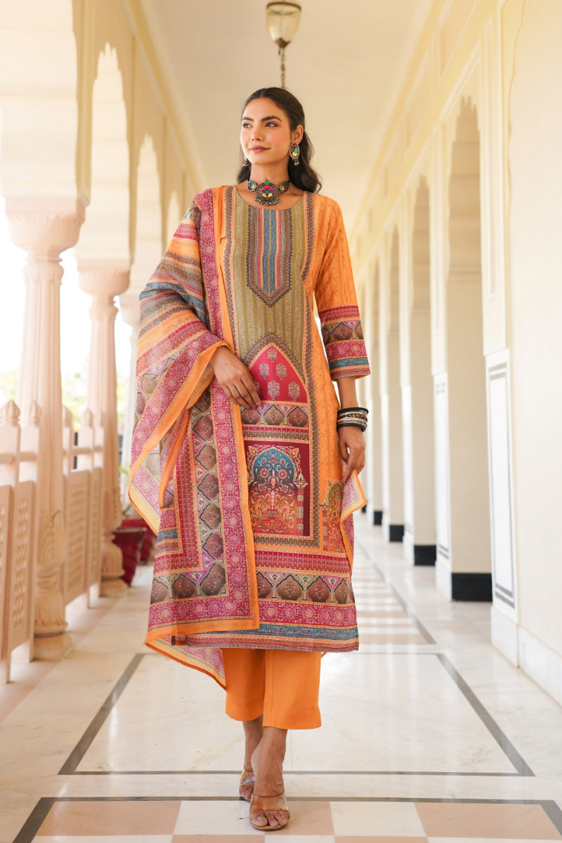 Yellow Rayon Blend Ethnic Motifs Printed Straight Kurta Trouser With Dupatta SKSKD3061