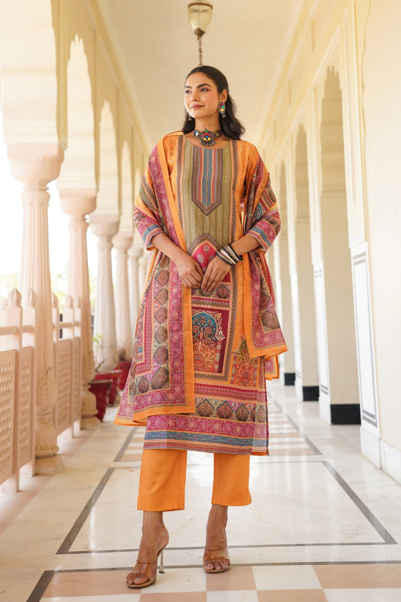 Yellow Rayon Blend Ethnic Motifs Printed Straight Kurta Trouser With Dupatta SKSKD3061