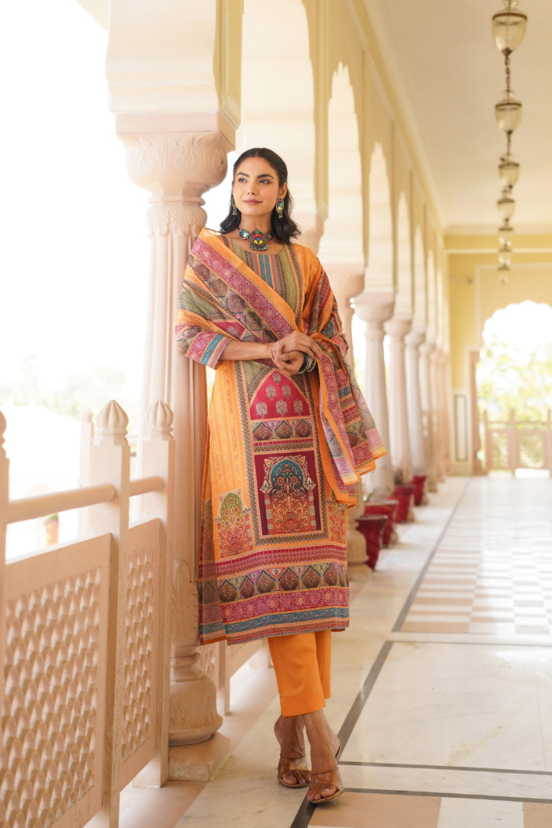 Yellow Rayon Blend Ethnic Motifs Printed Straight Kurta Trouser With Dupatta SKSKD3061