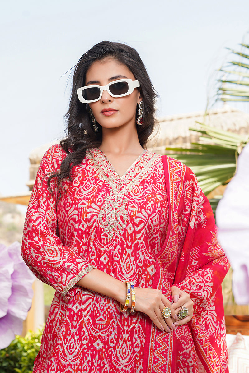 Red Silk Blend Ikat Printed Straight Kurta Trousers With Dupatta SKSKD3104