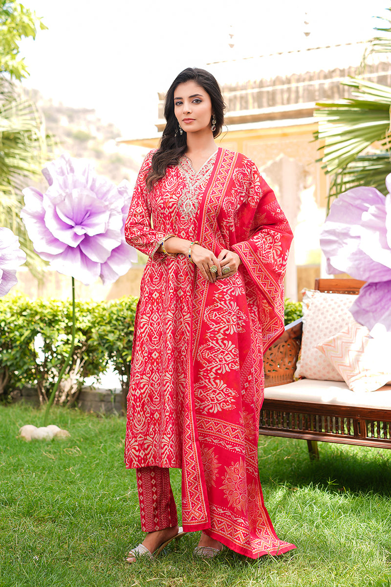 Red Silk Blend Ikat Printed Straight Kurta Trousers With Dupatta SKSKD3104