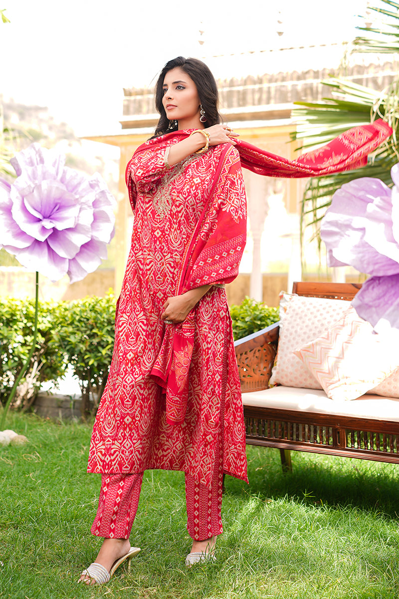 Red Silk Blend Ikat Printed Straight Kurta Trousers With Dupatta SKSKD3104