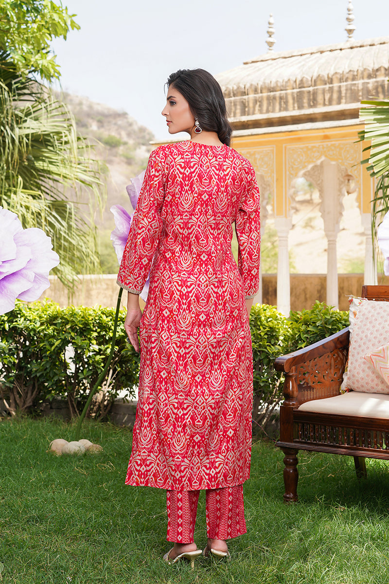 Red Silk Blend Ikat Printed Straight Kurta Trousers With Dupatta SKSKD3104