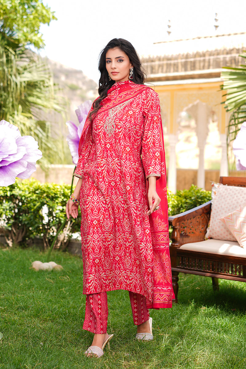 Red Silk Blend Ikat Printed Straight Kurta Trousers With Dupatta SKSKD3104