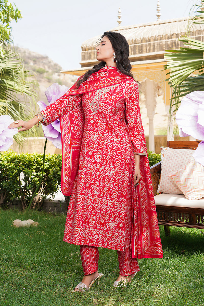 Red Silk Blend Ikat Printed Straight Kurta Trousers With Dupatta SKSKD3104