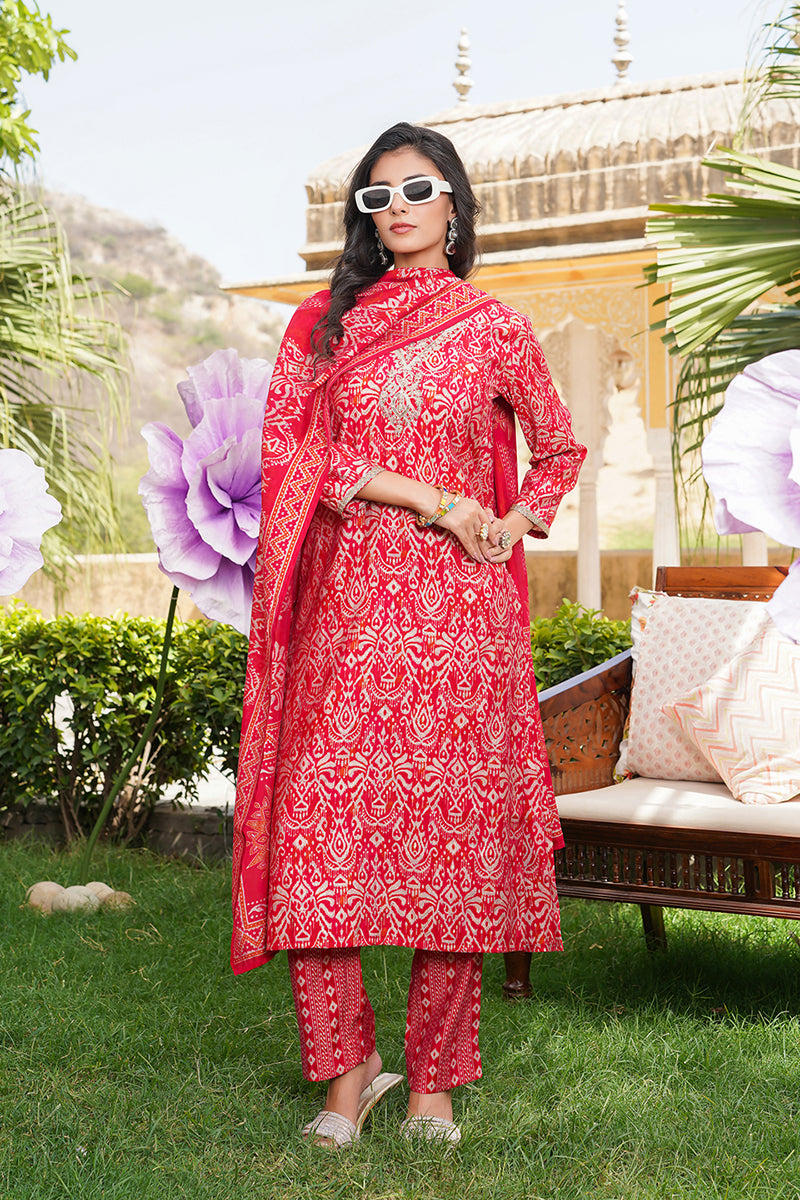Red Silk Blend Ikat Printed Straight Kurta Trousers With Dupatta SKSKD3104