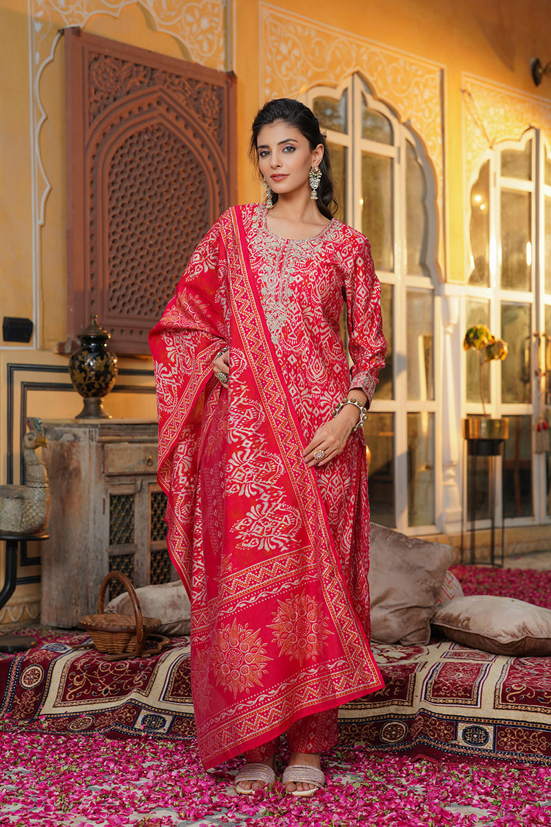 Red Silk Blend Ikat Embroidered Straight Kurta Trousers With Dupatta SKSKD3105