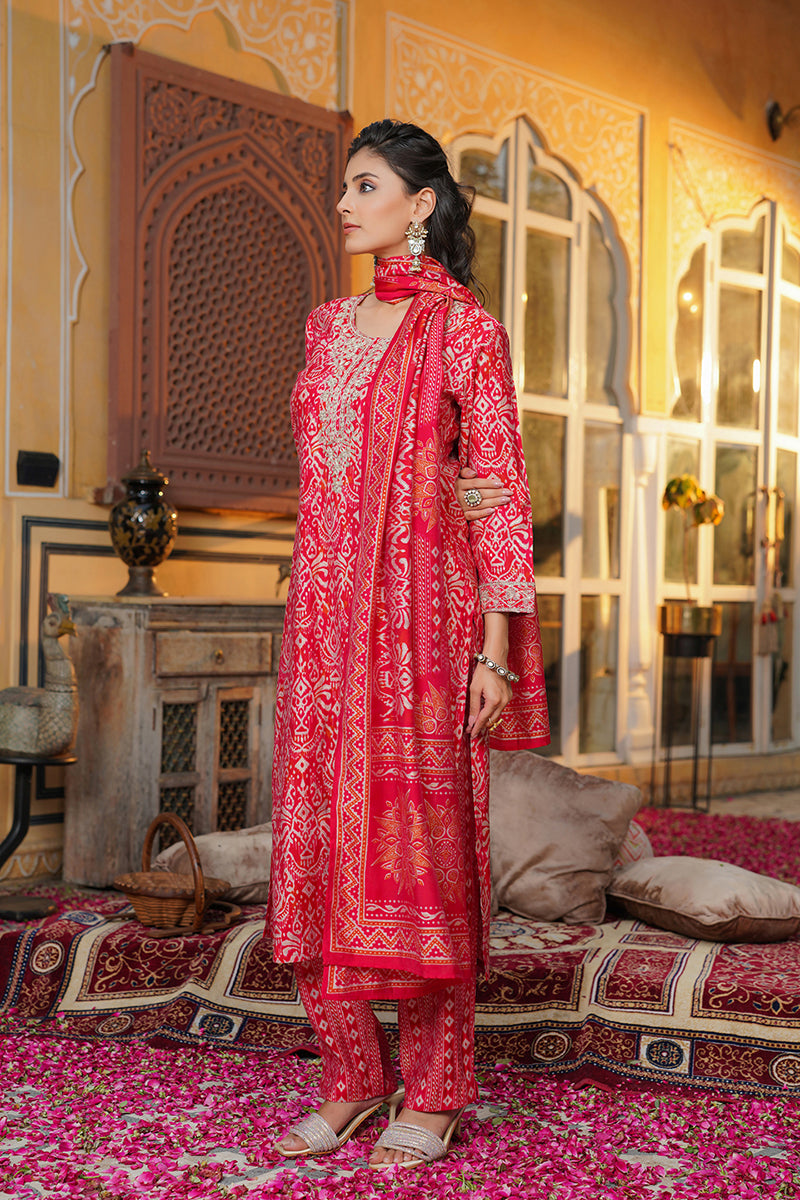 Red Silk Blend Ikat Embroidered Straight Kurta Trousers With Dupatta SKSKD3105