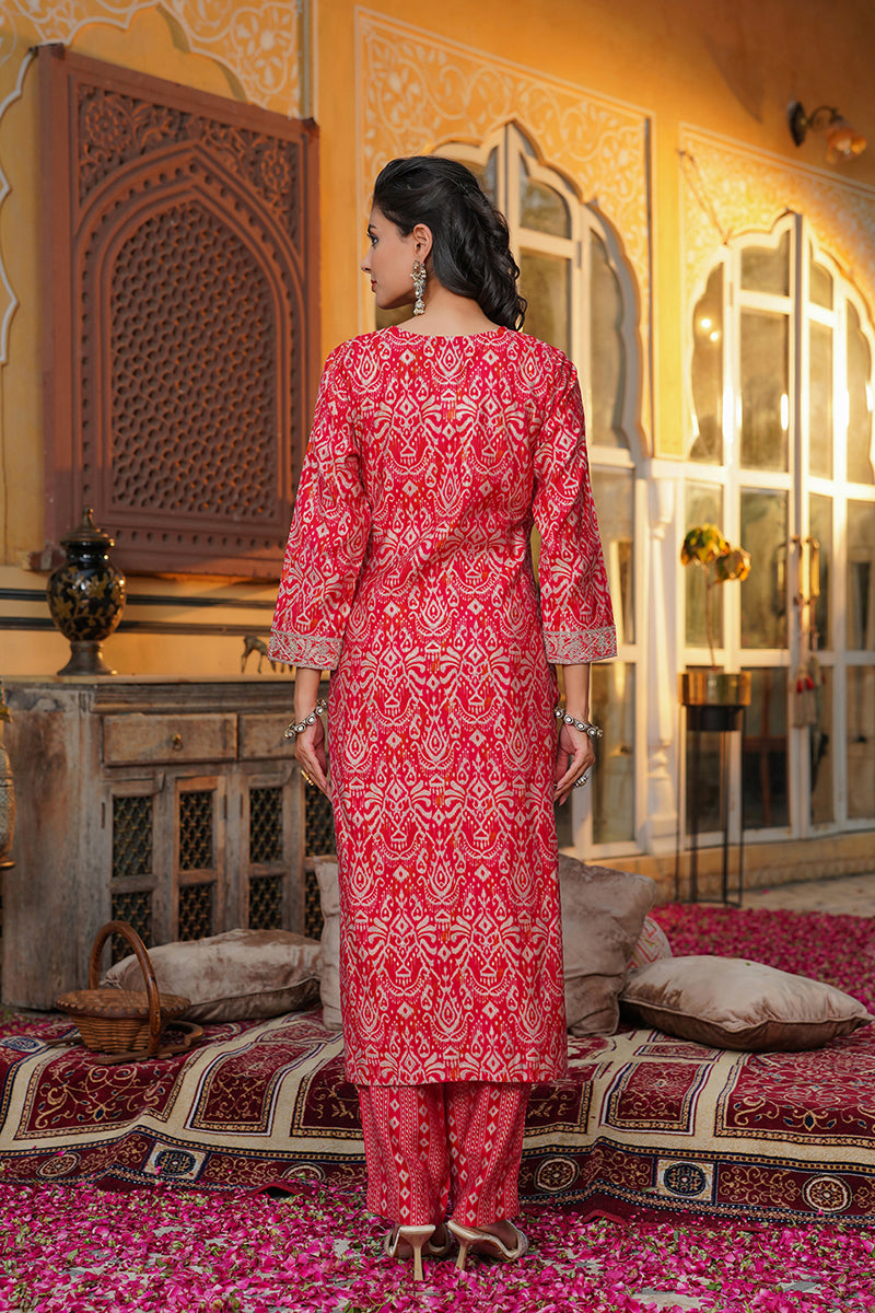 Red Silk Blend Ikat Embroidered Straight Kurta Trousers With Dupatta SKSKD3105