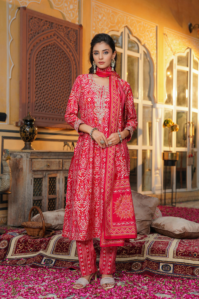 Red Silk Blend Ikat Embroidered Straight Kurta Trousers With Dupatta SKSKD3105