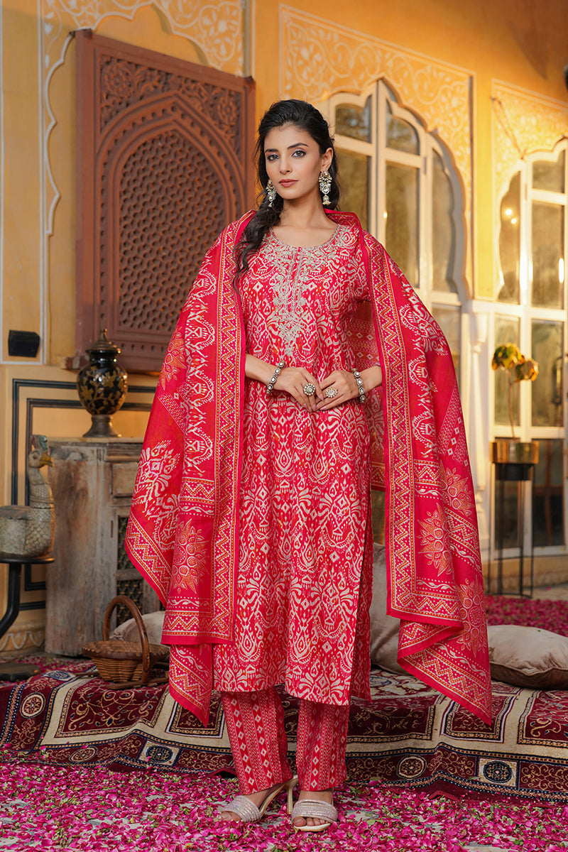 Red Silk Blend Ikat Embroidered Straight Kurta Trousers With Dupatta SKSKD3105