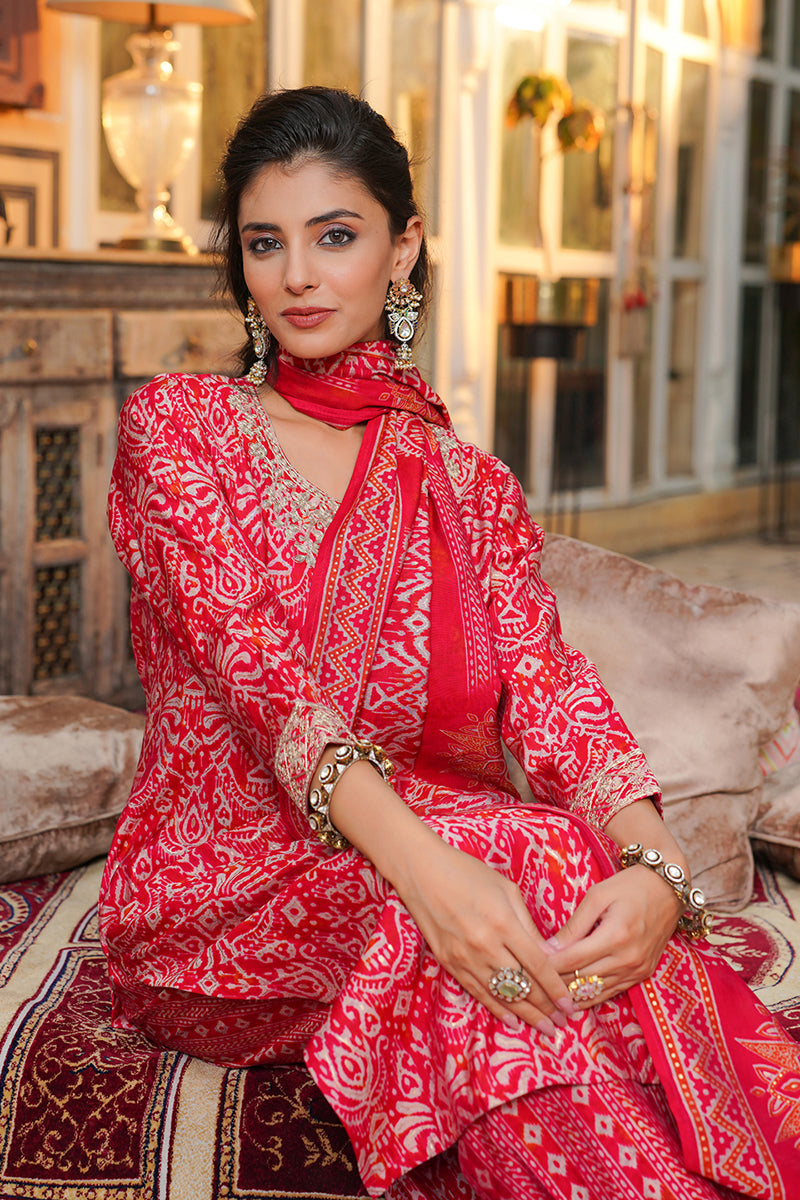 Red Silk Blend Ikat Embroidered Straight Kurta Trousers With Dupatta SKSKD3105