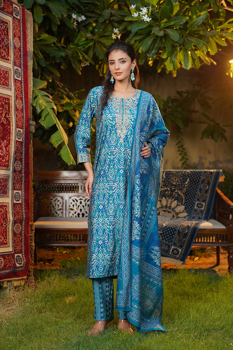 Blue Silk Blend Ikat Printed Straight Kurta Trousers With Dupatta SKSKD3106
