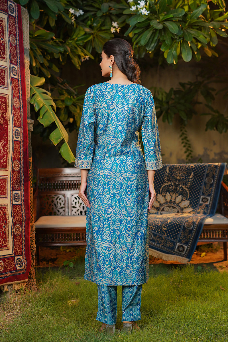 Blue Silk Blend Ikat Printed Straight Kurta Trousers With Dupatta SKSKD3106