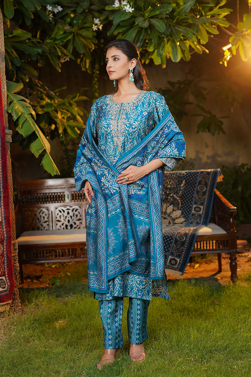 Blue Silk Blend Ikat Printed Straight Kurta Trousers With Dupatta SKSKD3106