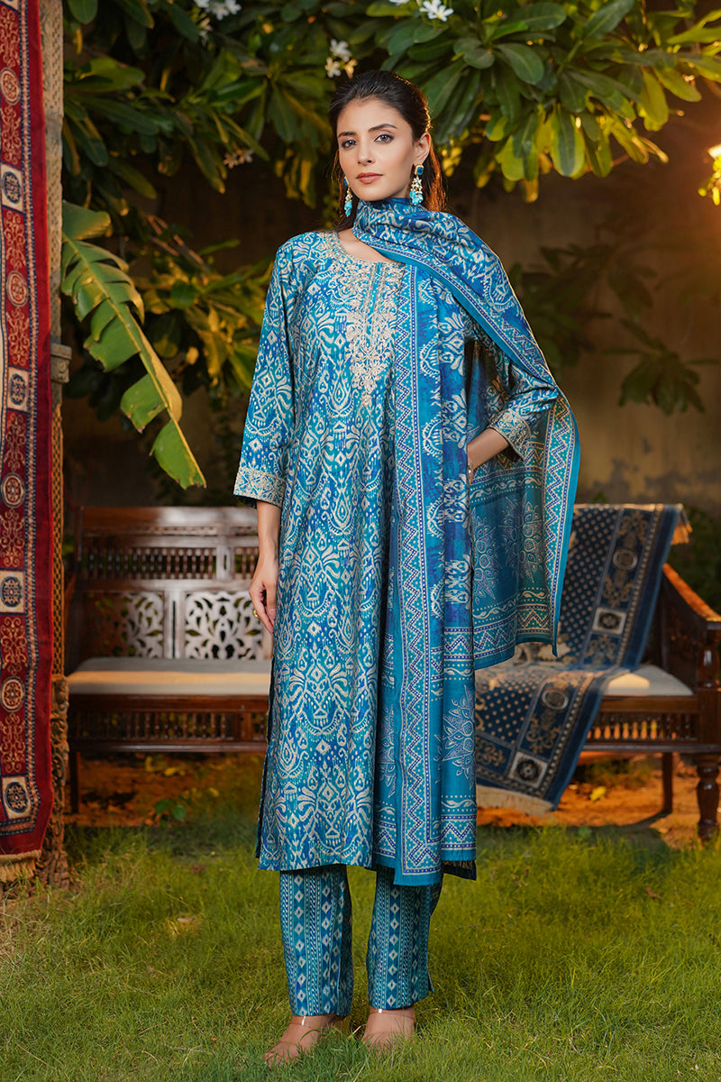 Blue Silk Blend Ikat Printed Straight Kurta Trousers With Dupatta SKSKD3106