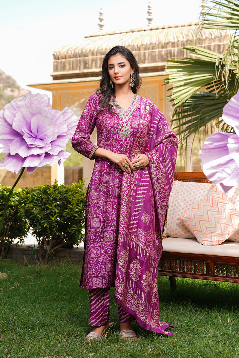 Purple Silk Blend Floral Embroidered Straight Kurta Trousers With Dupatta SKSKD3121