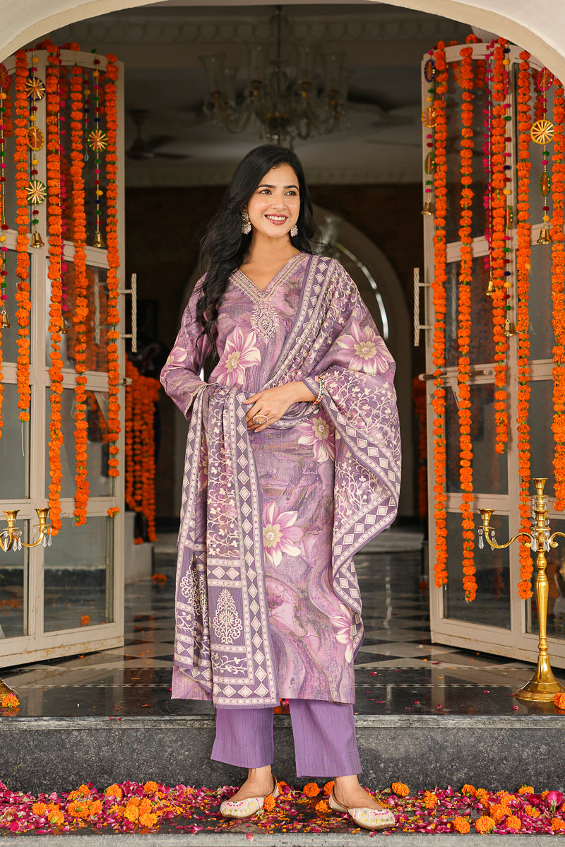 Lavender Viscose Rayon Floral Embroidered Straight Kurta Trousers With Dupatta SKSKD3124