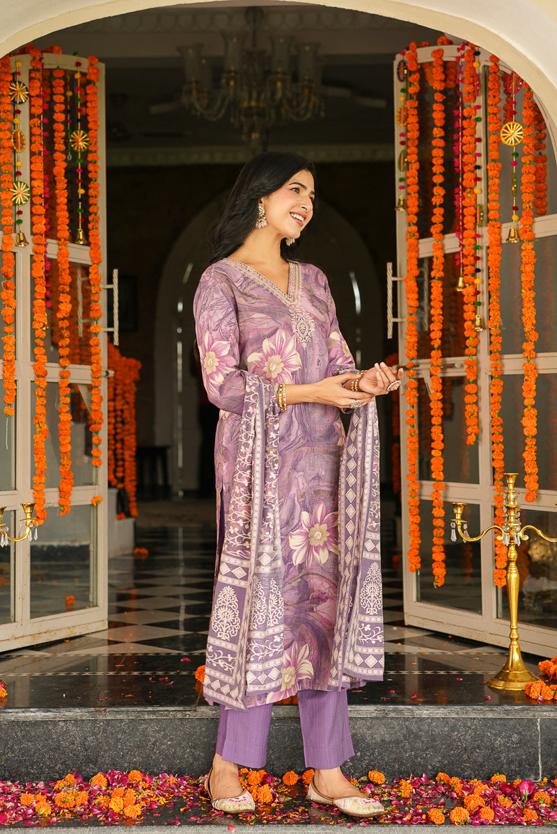 Lavender Viscose Rayon Floral Embroidered Straight Kurta Trousers With Dupatta SKSKD3124