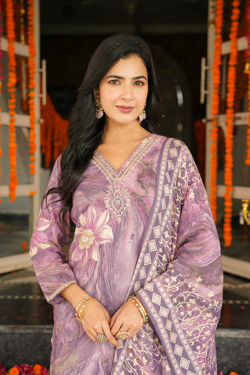 Lavender Viscose Rayon Floral Embroidered Straight Kurta Trousers With Dupatta SKSKD3124