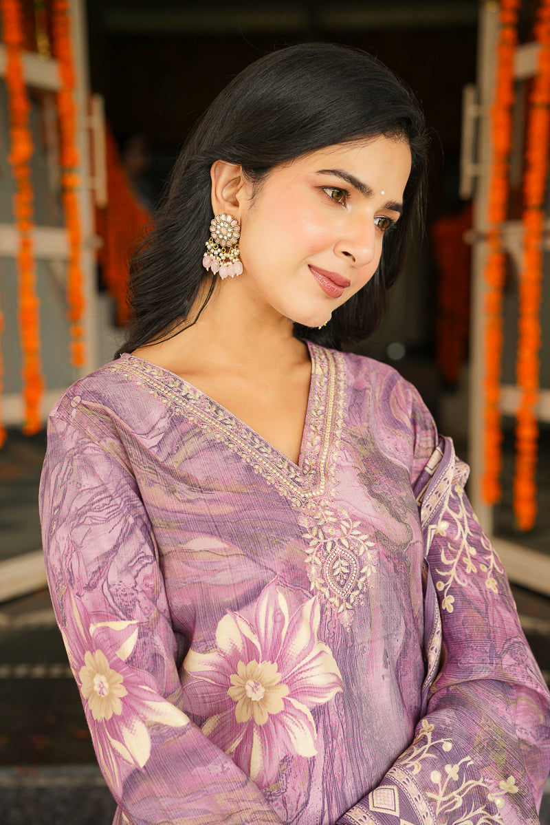 Lavender Viscose Rayon Floral Embroidered Straight Kurta Trousers With Dupatta SKSKD3124