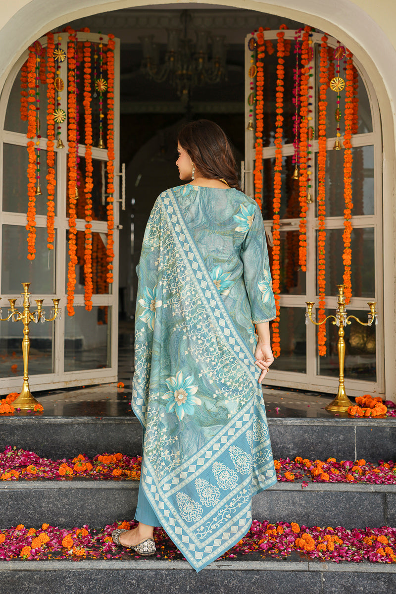 Blue Viscose Rayon Floral Embroidered Straight Kurta Trousers With Dupatta SKSKD3125
