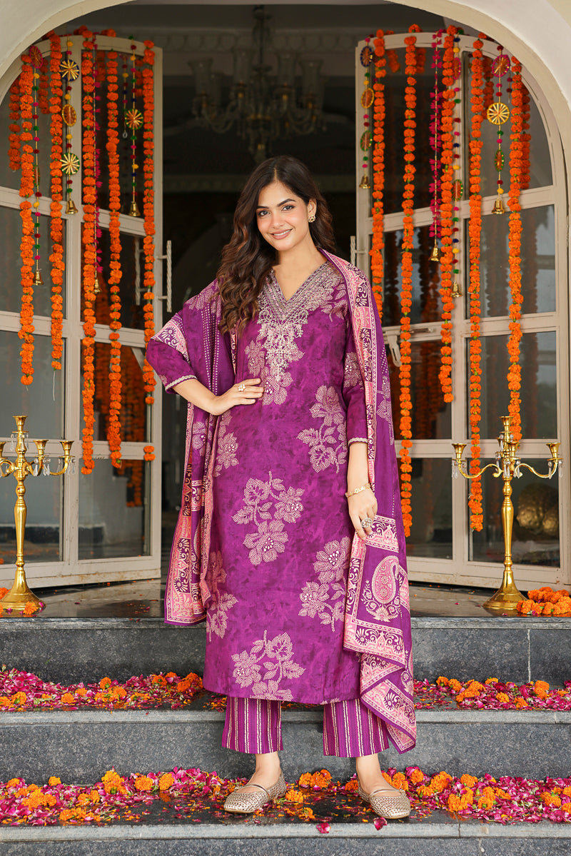Purple Poly Chanderi Floral Embroidered Straight Kurta Trousers With Dupatta SKSKD3130