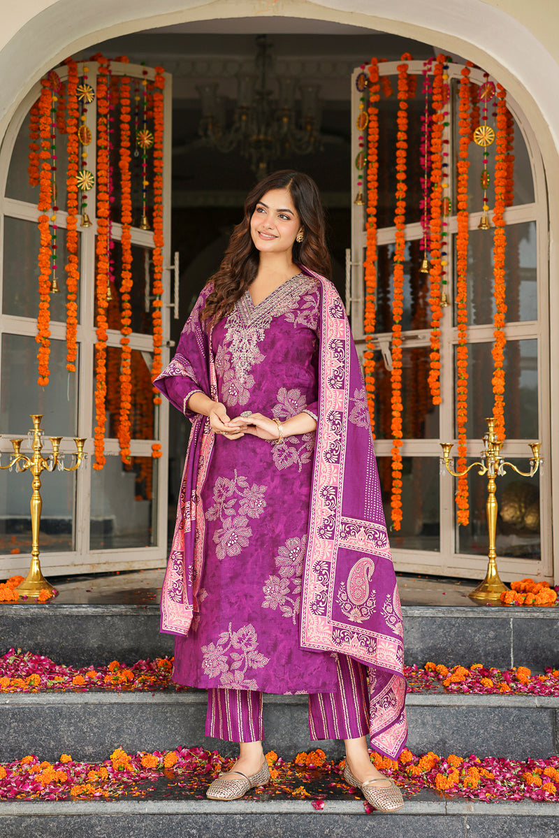 Purple Poly Chanderi Floral Embroidered Straight Kurta Trousers With Dupatta SKSKD3130