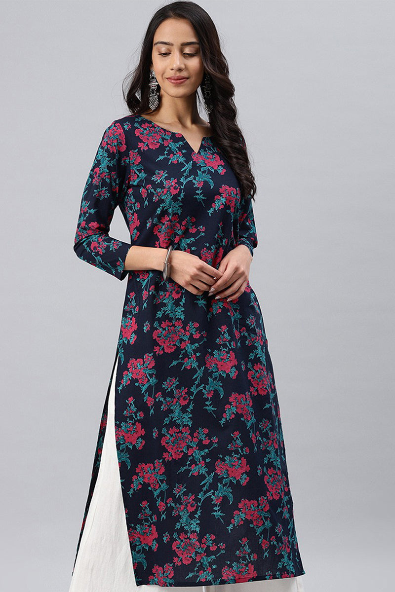 Women Navy Blue and Pink floral Printed Blue Rayon Blend Fabric Kurti VCK1066