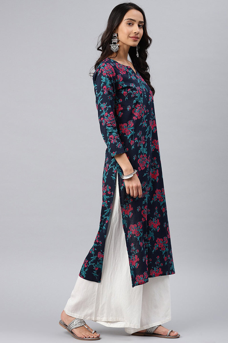 Women Navy Blue and Pink floral Printed Blue Rayon Blend Fabric Kurti VCK1066