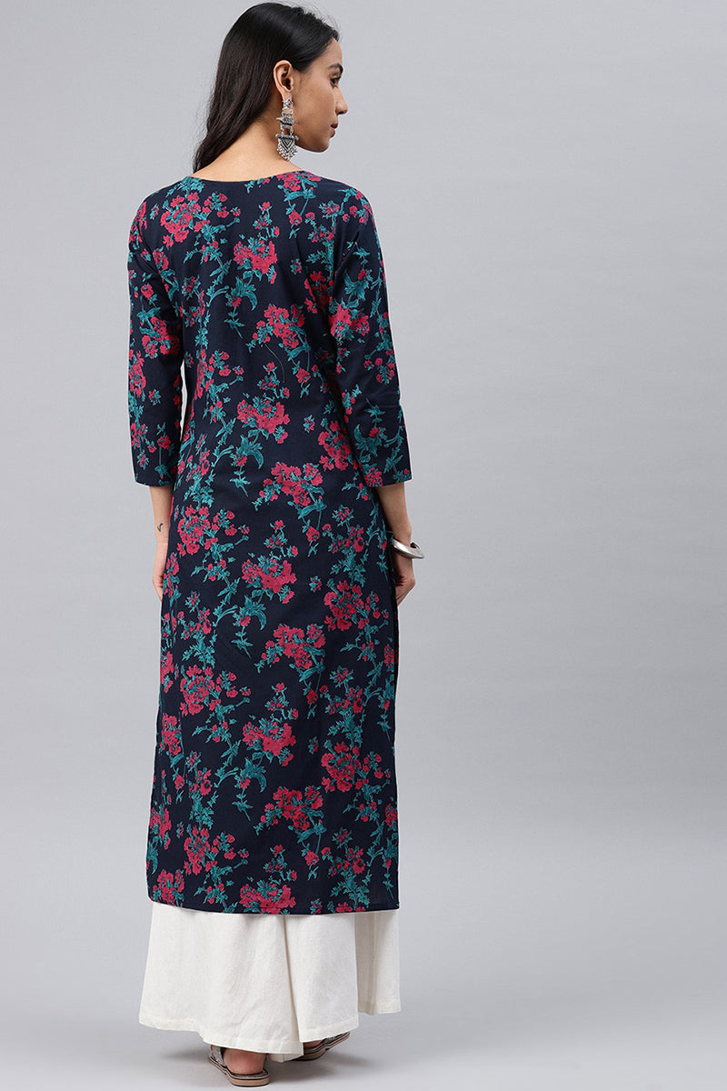 Women Navy Blue and Pink floral Printed Blue Rayon Blend Fabric Kurti VCK1066