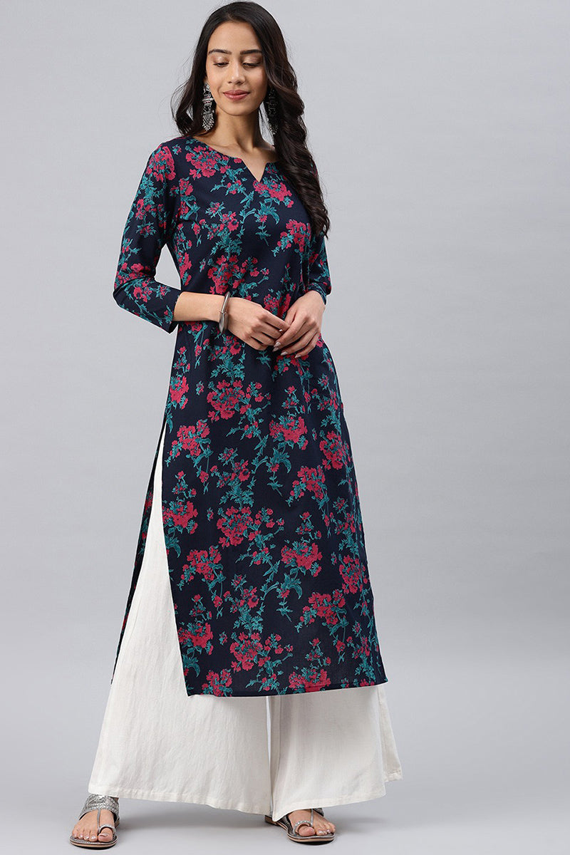 Women Navy Blue and Pink floral Printed Blue Rayon Blend Fabric Kurti VCK1066