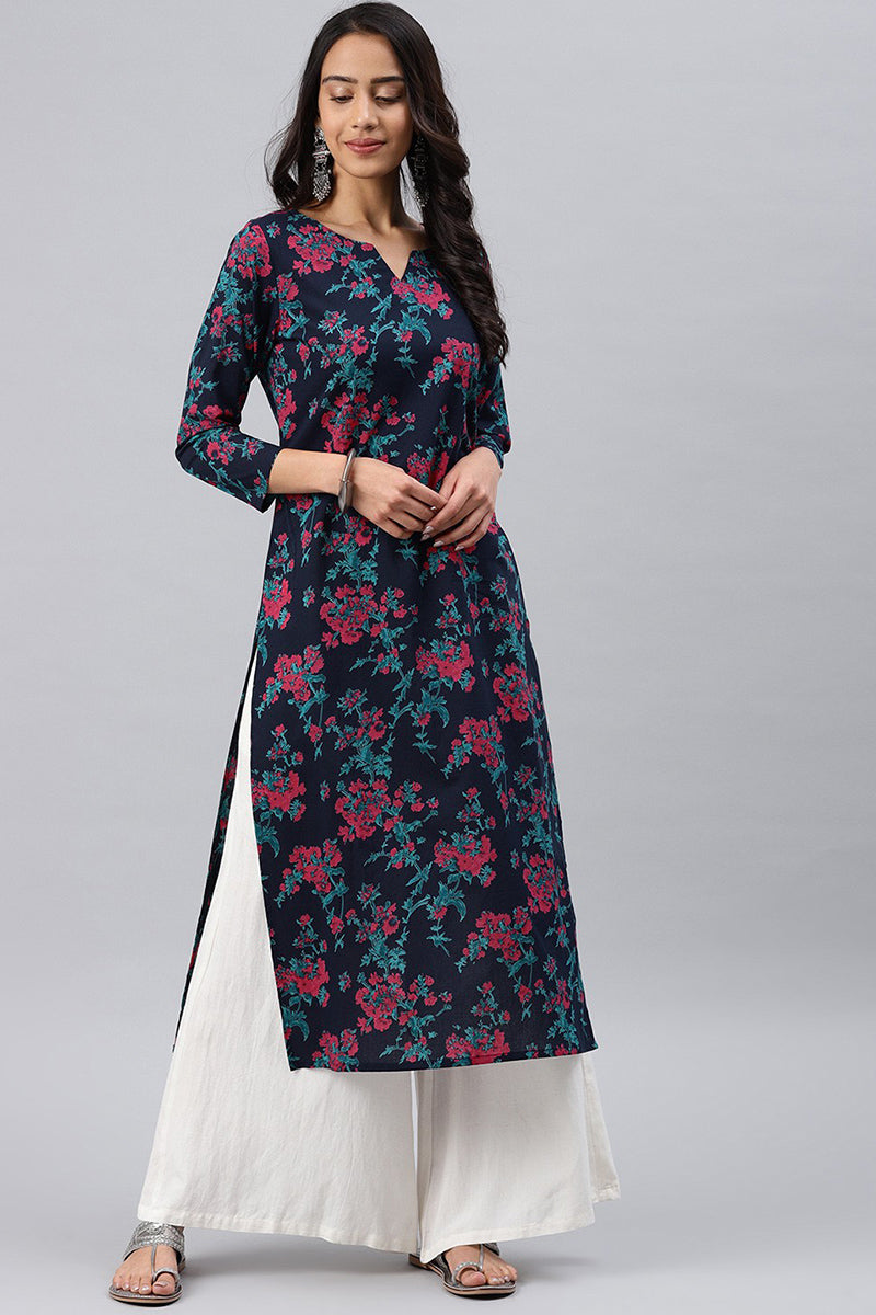Women Navy Blue and Pink floral Printed Blue Rayon Blend Fabric Kurti VCK1066